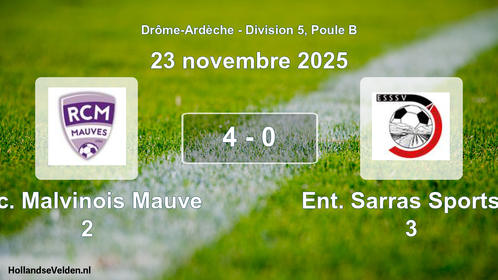 Gespeelde wedstrijd: R.c. Malvinois Mauve 2 - Ent. Sarras Sports S 3 4 - 0 (23 november 2025)