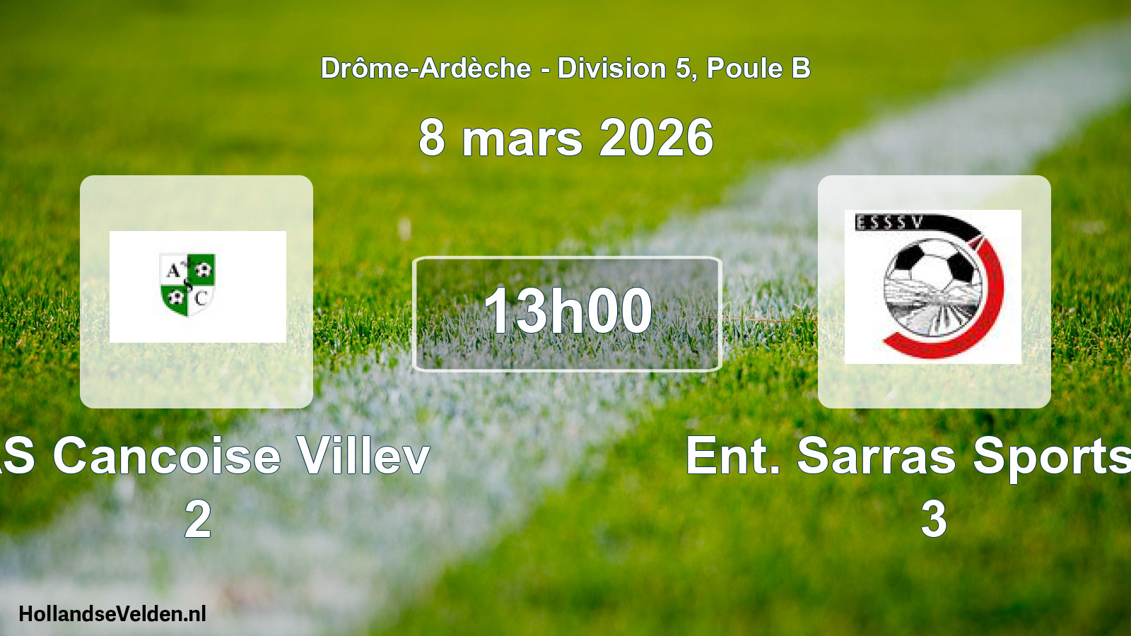 Geplande wedstrijd: AS Cancoise Villev 2 - Ent. Sarras Sports S 3 (8 maart 2026)