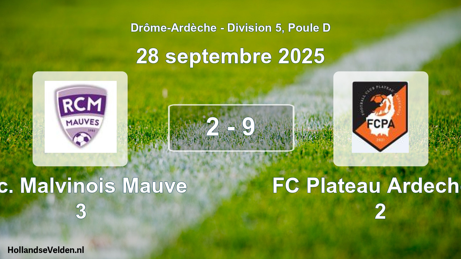 Gespeelde wedstrijd: R.c. Malvinois Mauve 3 - FC Plateau Ardechois 2 2 - 9 (28 september 2025)