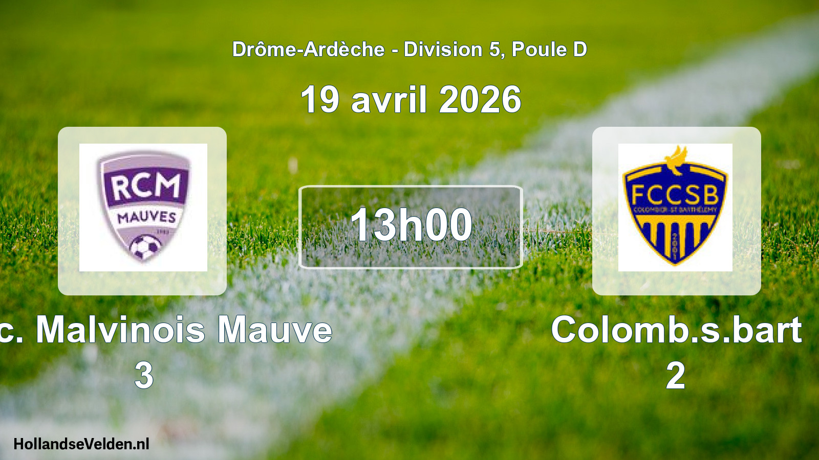 Match programmé: R.c. Malvinois Mauve 3 - Colomb.s.bart 2 (19 avril 2026)