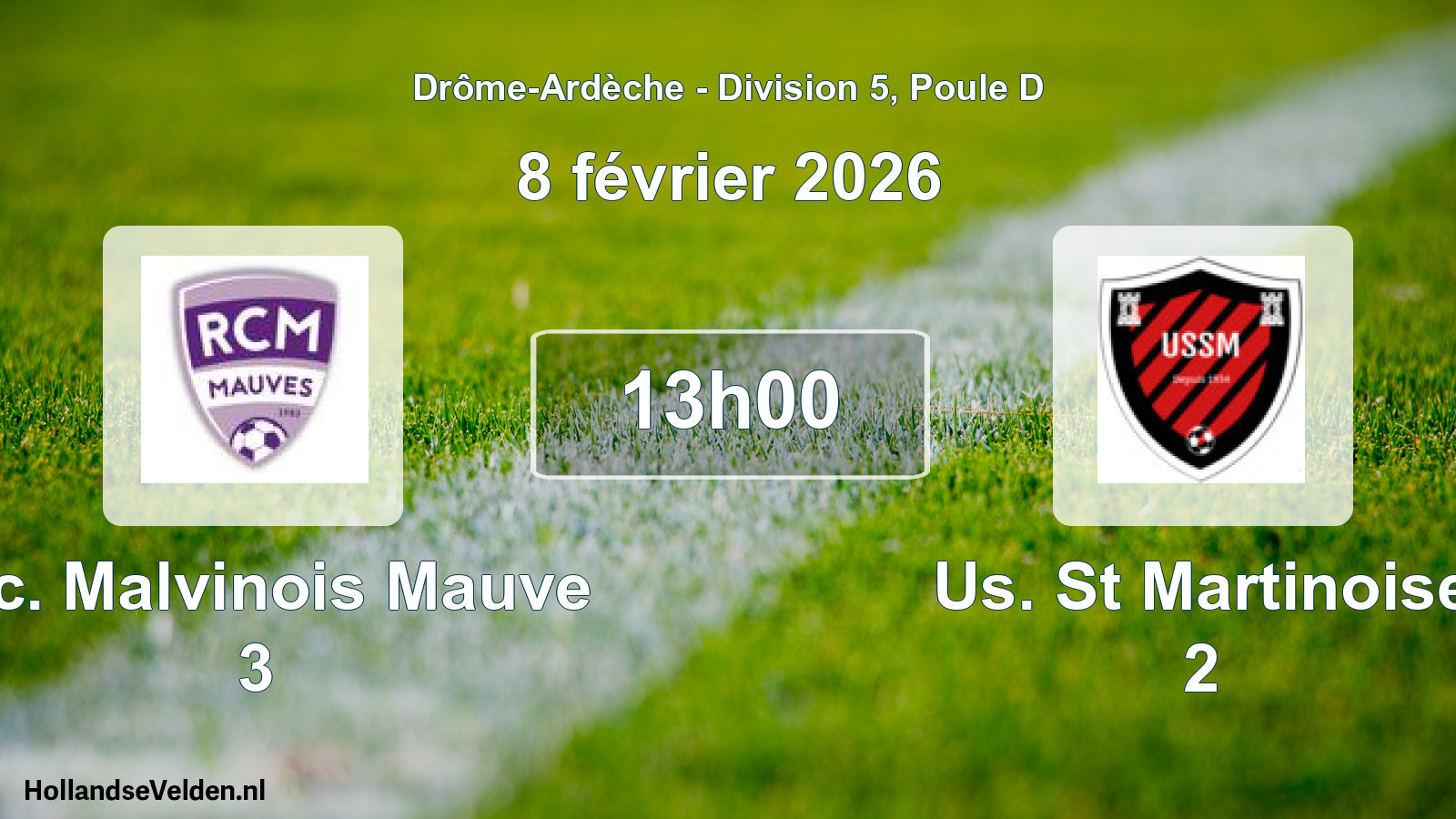 Geplande wedstrijd: R.c. Malvinois Mauve 3 - Us. St Martinoise 2 (8 februari 2026)