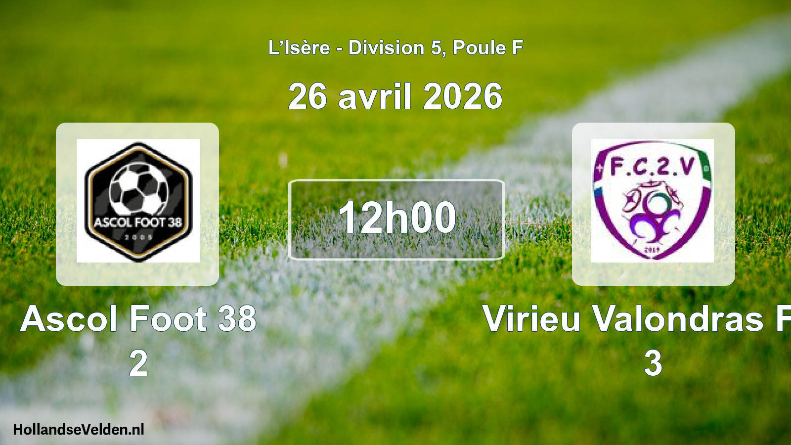 Match programmé: Ascol Foot 38 2 - Virieu Valondras FC 3 (26 avril 2026)