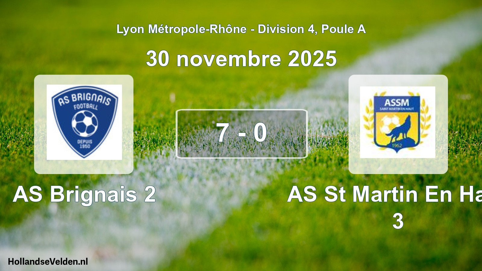 Gespeelde wedstrijd: AS Brignais 2 - AS St Martin En Haut 3 7 - 0 (30 november 2025)
