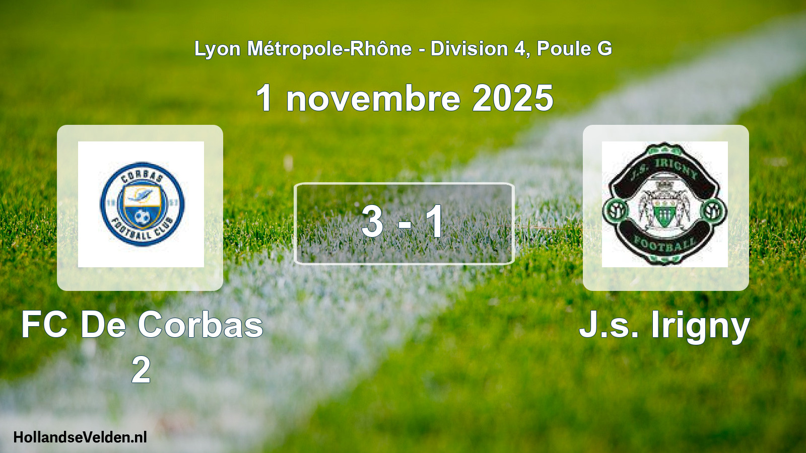 Match joué: FC De Corbas 2 - J.s. Irigny 3 - 1 (1 novembre 2025)