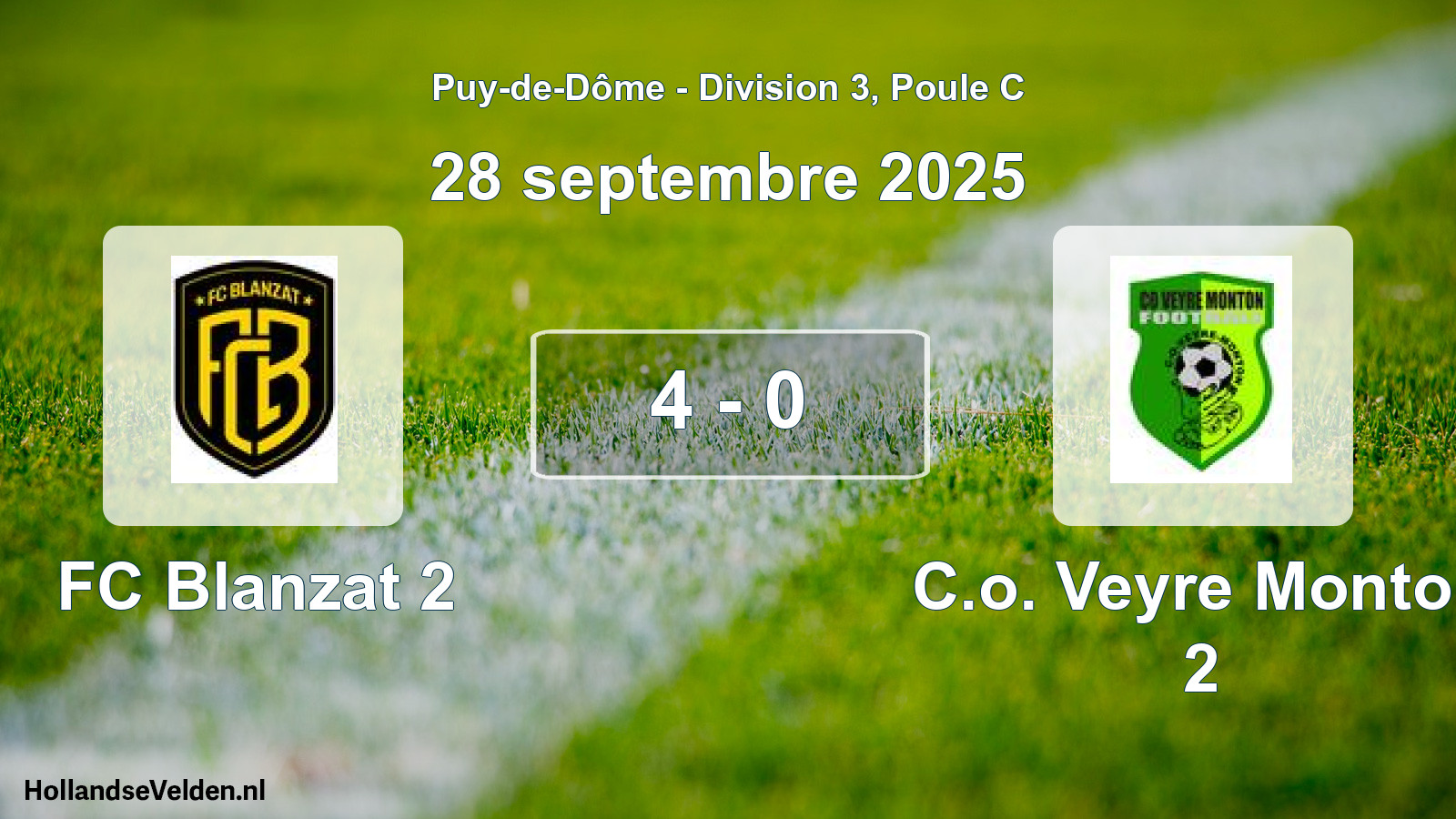 Match joué: FC Blanzat 2 - C.o. Veyre Monton 2 4 - 0 (28 septembre 2025)