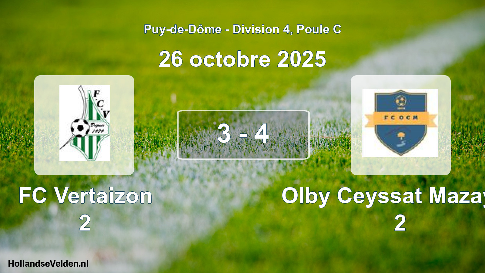 Gespeelde wedstrijd: FC Vertaizon 2 - Olby Ceyssat Mazayes 2 3 - 4 (26 oktober 2025)