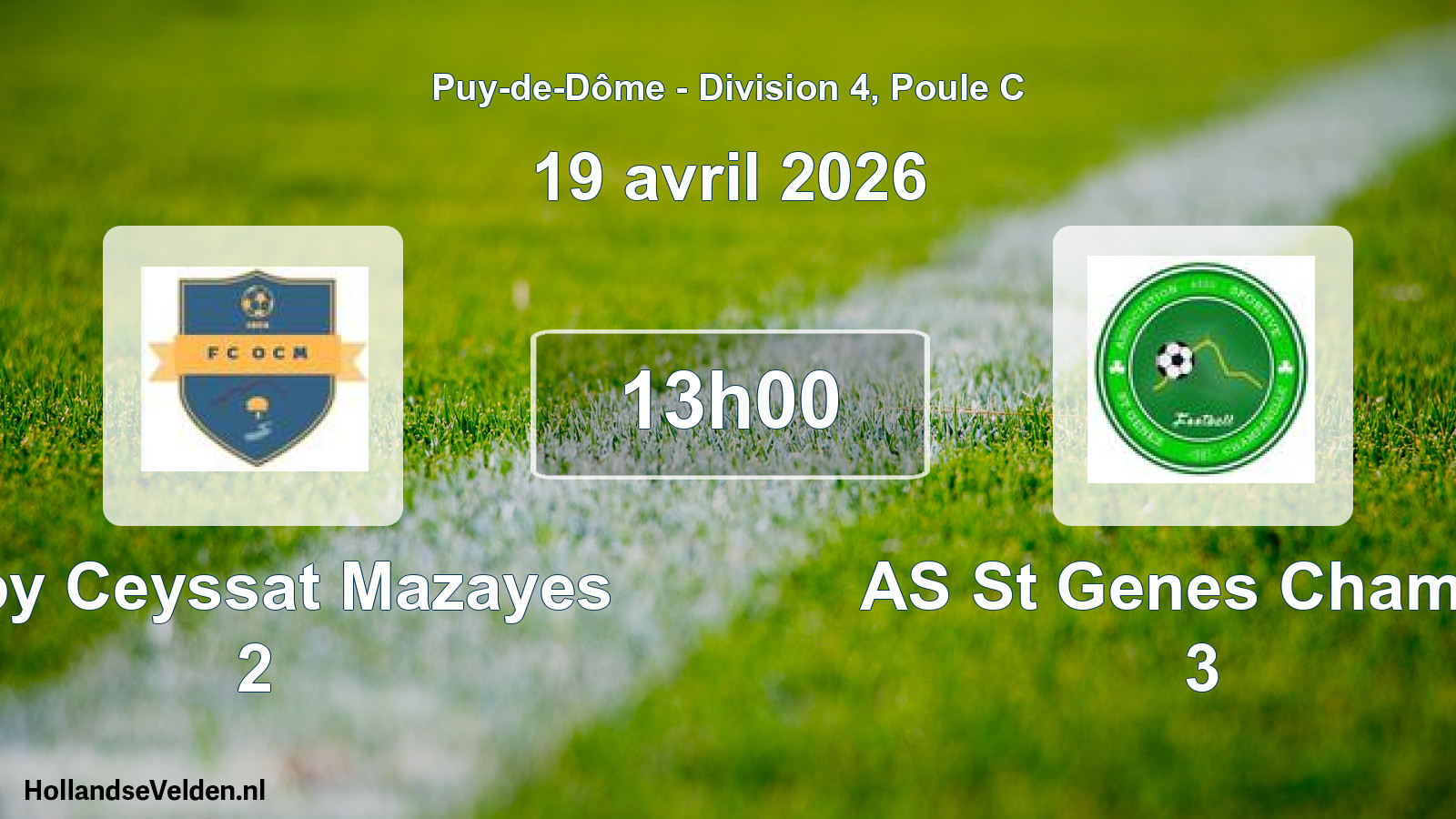 Geplande wedstrijd: Olby Ceyssat Mazayes 2 - AS St Genes Champa 3 (19 april 2026)