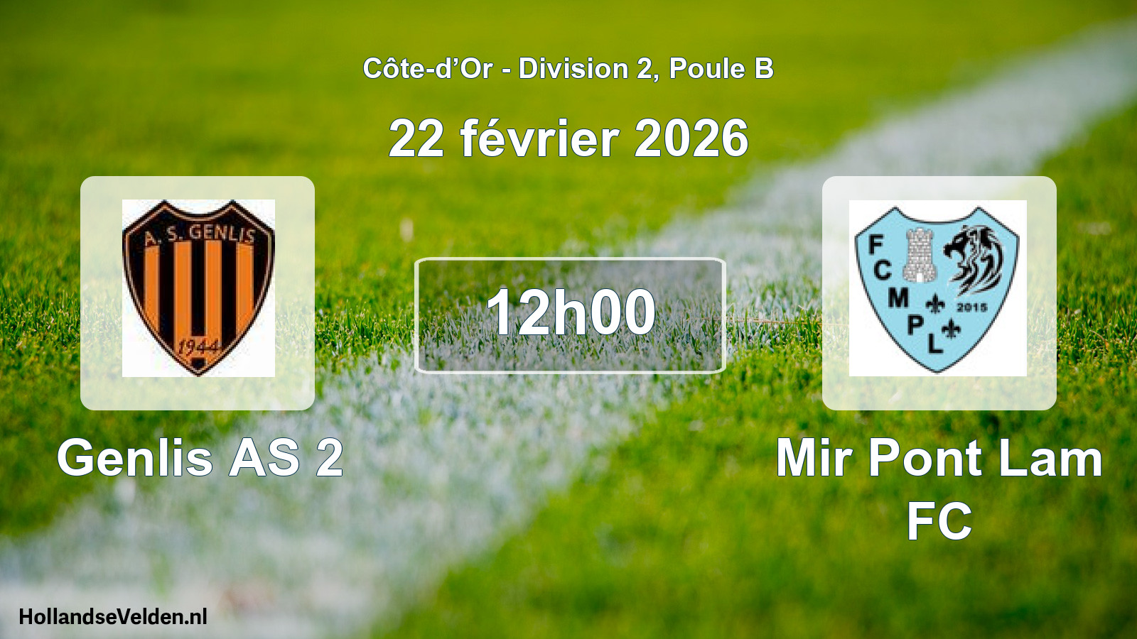 Match programmé: Genlis AS 2 - Mir Pont Lam FC (22 février 2026)