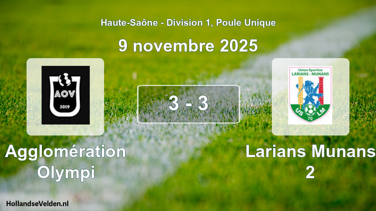 Gespeelde wedstrijd: Agglomération Olympi - Larians Munans 2 3 - 3 (9 november 2025)