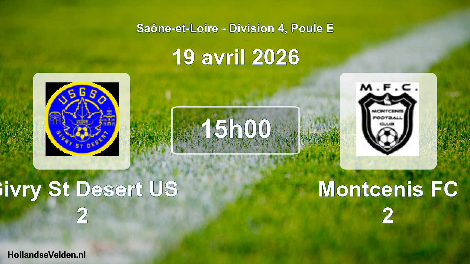 Match programmé: Givry St Desert US 2 - Montcenis FC 2 (19 avril 2026)