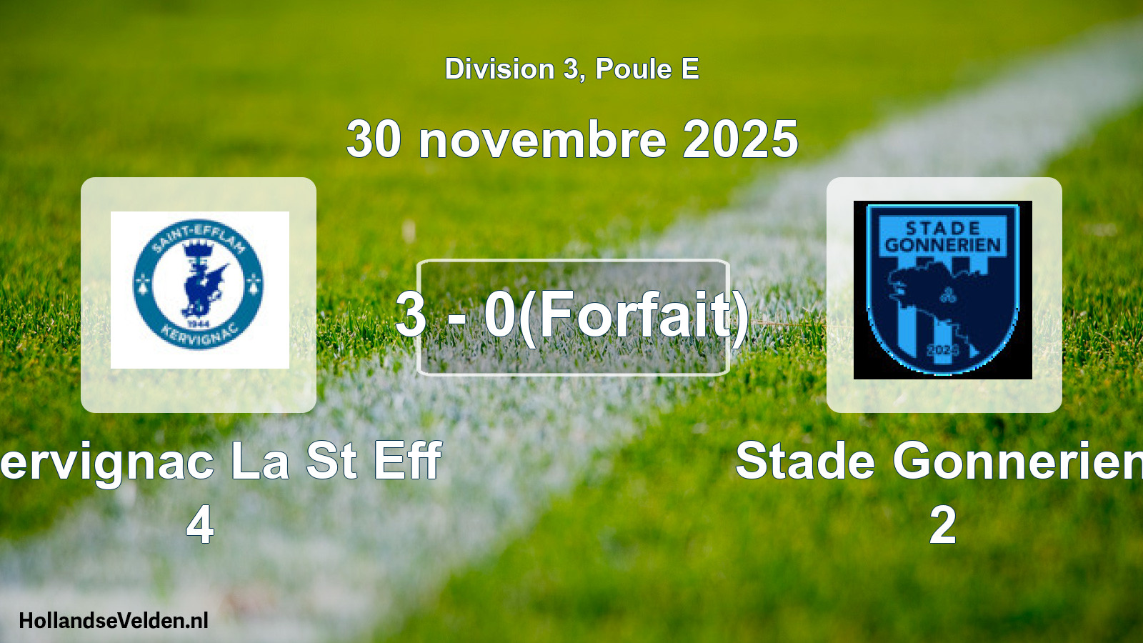 Match joué: SE Kervignac 4 - Stade Gonnerien 2 3 - 0(Forfait) (30 novembre 2025)