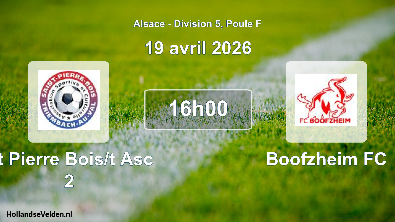 Match programmé: St Pierre Bois/t Asc 2 - Boofzheim FC (19 avril 2026)