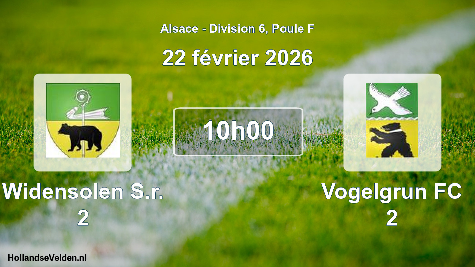 Match programmé: Widensolen S.r. 2 - Vogelgrun FC 2 (22 février 2026)