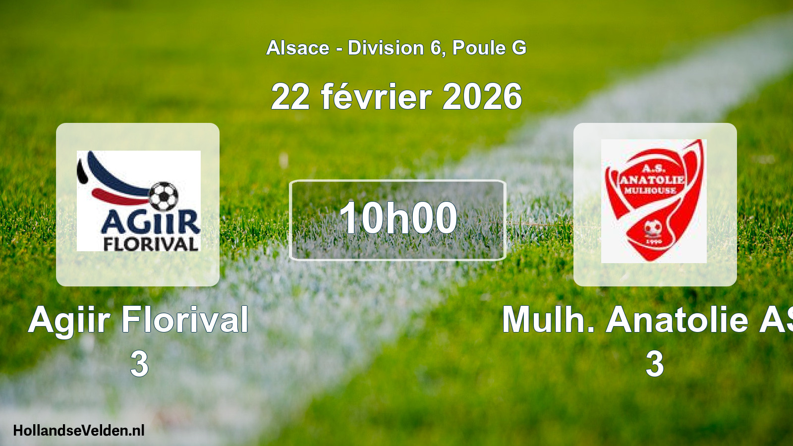 Match programmé: Agiir Florival 3 - Mulh. Anatolie AS 3 (22 février 2026)