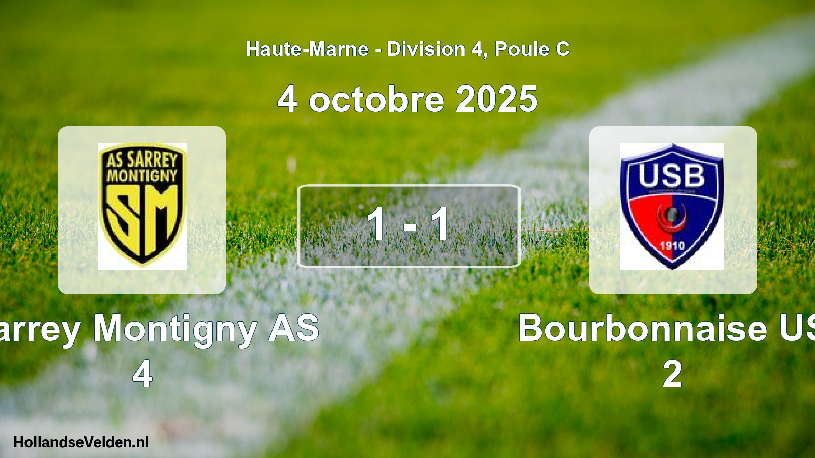 Total number of matches played: Sarrey Montigny AS 4 - Bourbonnaise US 2 1 - 1 (4 October 2025)