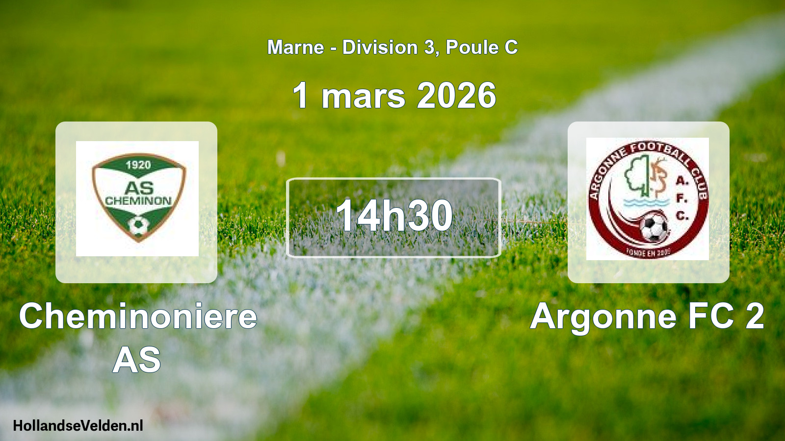 Match programmé: Cheminoniere AS - Argonne FC 2 (1 mars 2026)