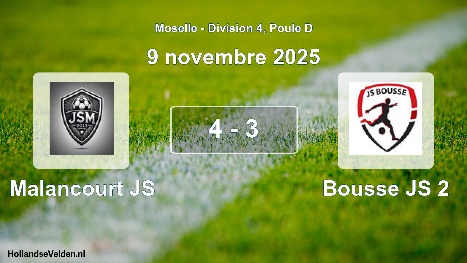 Total number of matches played: Malancourt JS - Bousse JS 2 4 - 3 (9 November 2025)