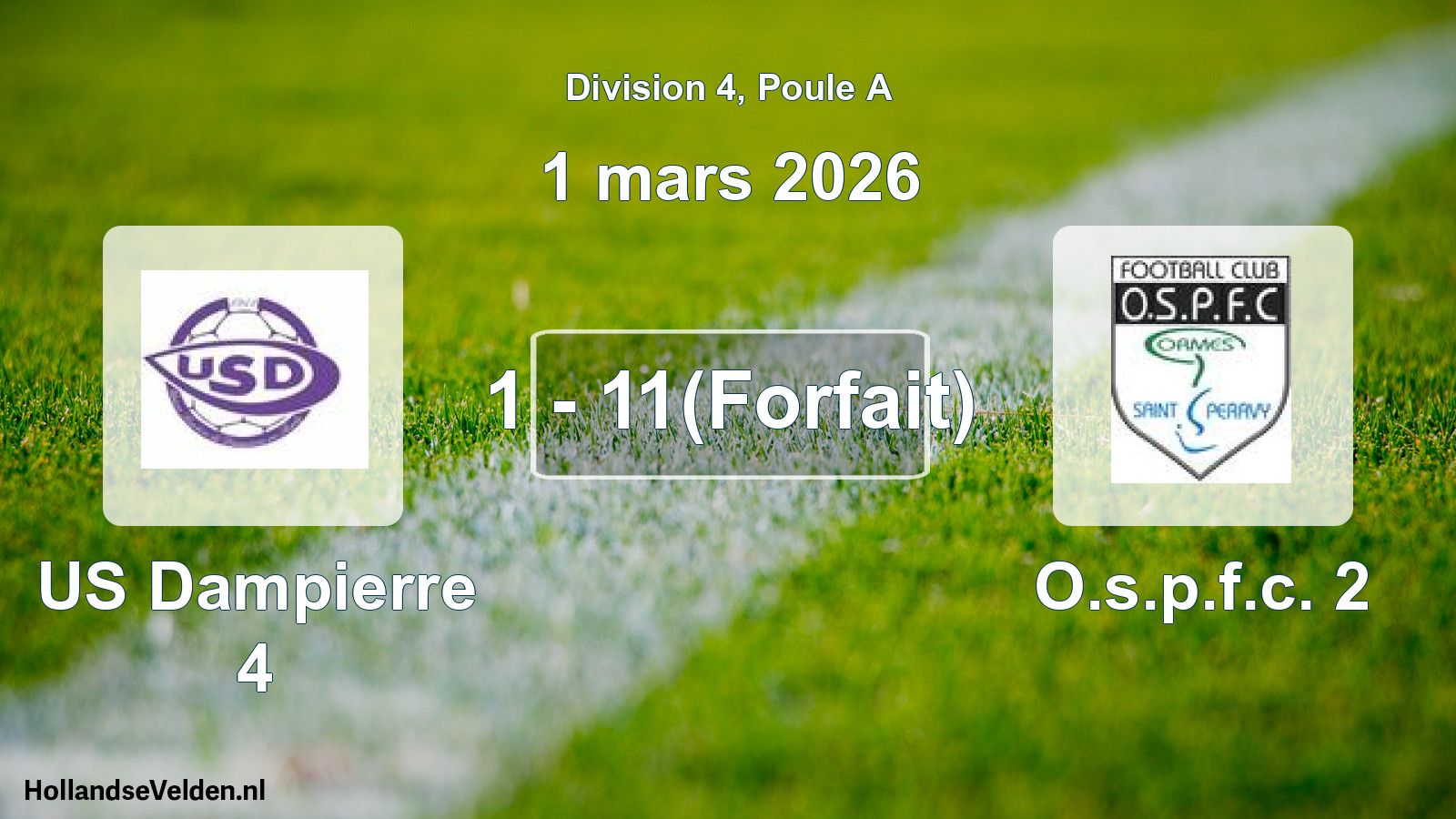 Match joué: US Dampierre 4 - O.s.p.f.c. 2 1 - 11(Forfait) (1 mars 2026)