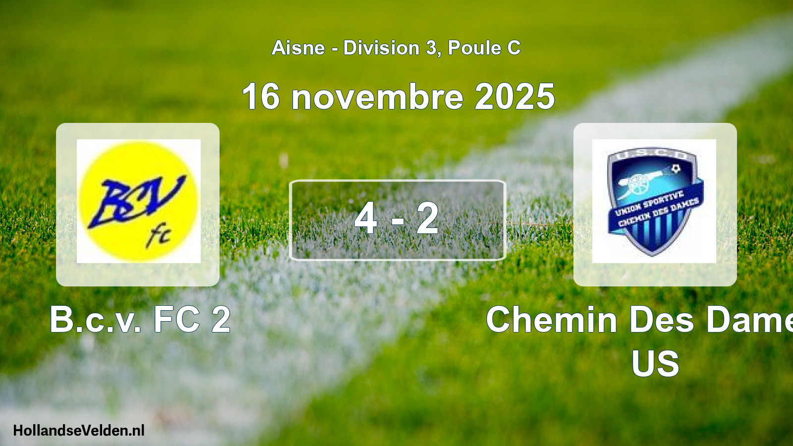 Gespeelde wedstrijd: B.c.v. FC 2 - Chemin Des Dames US 4 - 2 (16 november 2025)