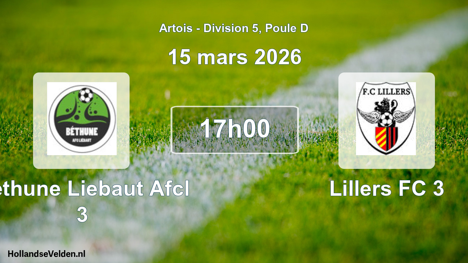 Match programmé: Bethune Liebaut Afcl 3 - Lillers FC 3 (15 mars 2026)