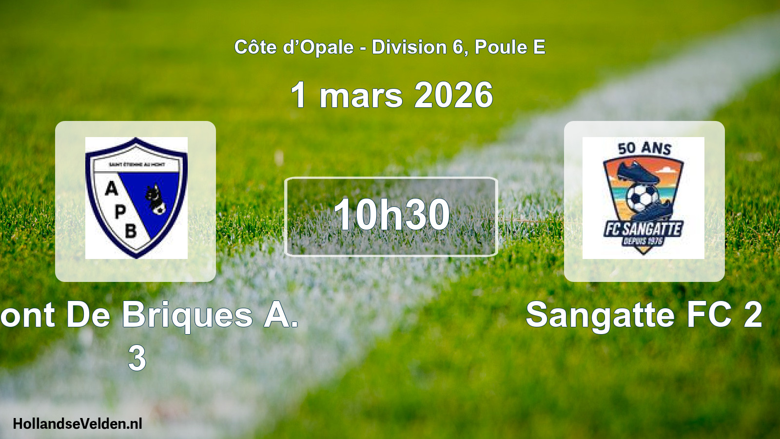 Match programmé: Pont De Briques A. 3 - Sangatte FC 2 (1 mars 2026)