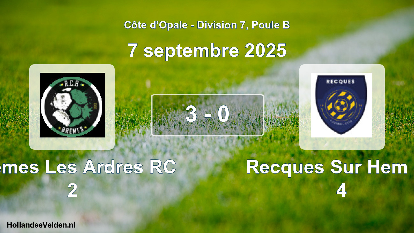 Match joué: Bremes Les Ardres RC 2 - Recques Sur Hem FC 4 3 - 0 (7 septembre 2025)