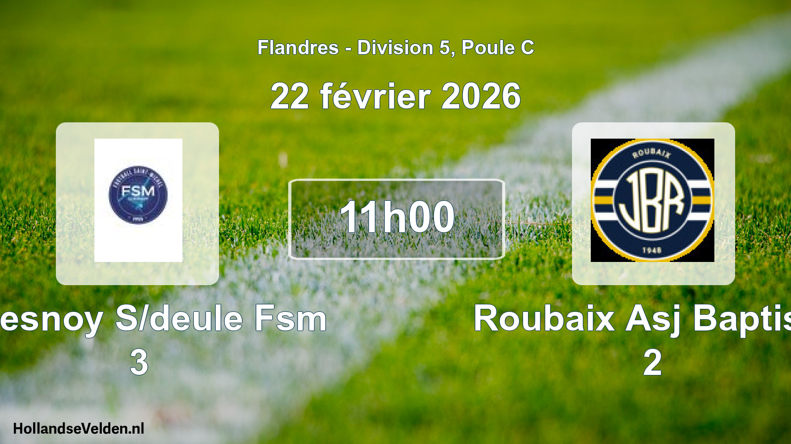 Geplande wedstrijd: Quesnoy S/deule Fsm 3 - Roubaix Asj Baptiste 2 (22 februari 2026)