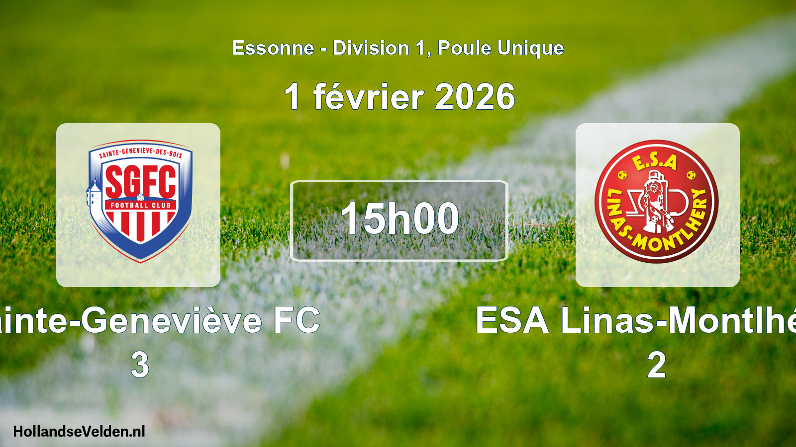 Match programmé: Sainte-Geneviève FC 3 - ESA Linas-Montlhéry 2 (1 février 2026)