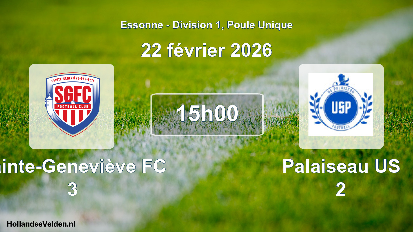 Match programmé: Sainte-Geneviève FC 3 - Palaiseau US 2 (22 février 2026)