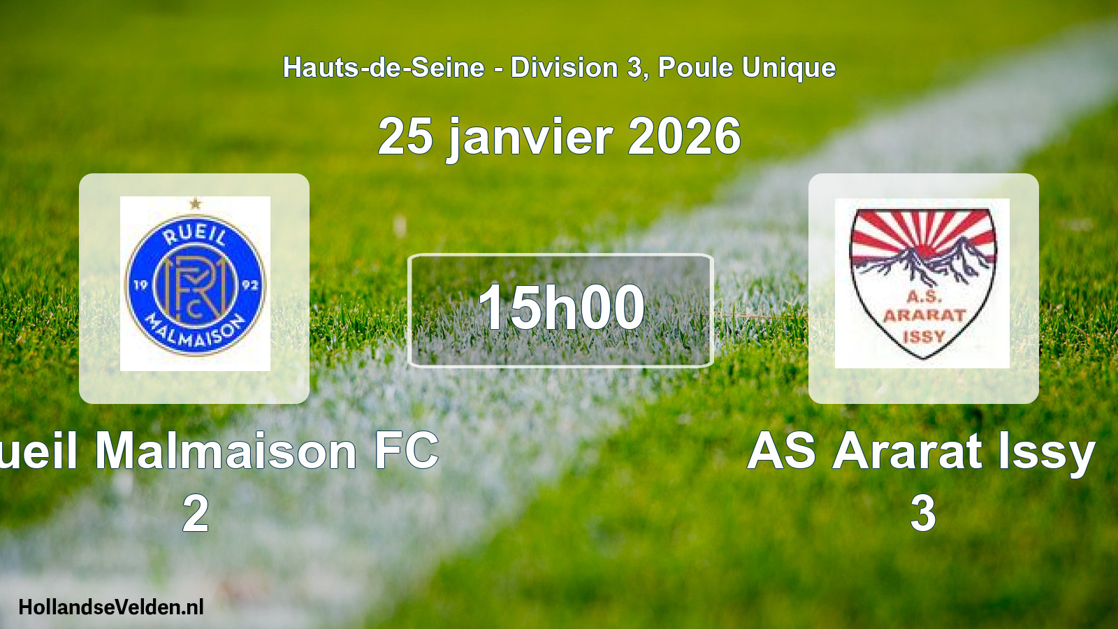 Match programmé: Rueil Malmaison FC 2 - AS Ararat Issy 3 (25 janvier 2026)