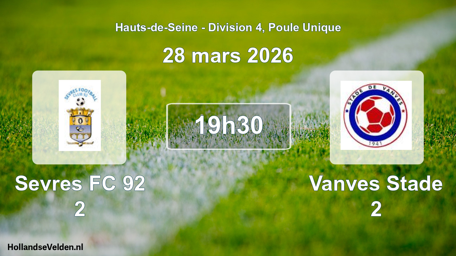 Match programmé: Sevres FC 92 2 - Vanves Stade 2 (28 mars 2026)