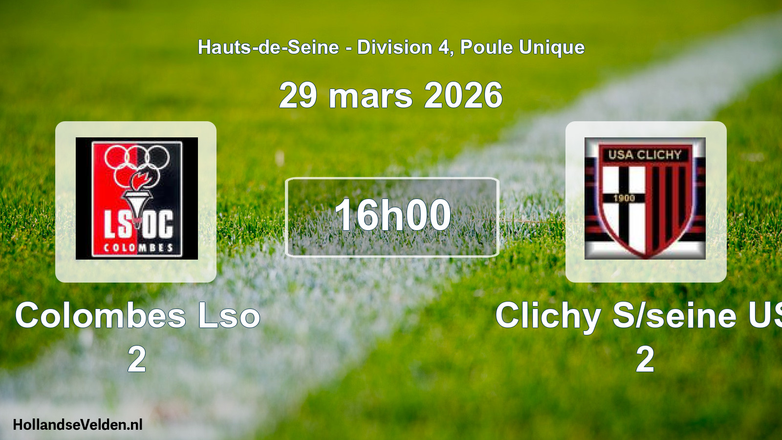 Match programmé: Colombes Lso 2 - Clichy S/seine US 2 (29 mars 2026)