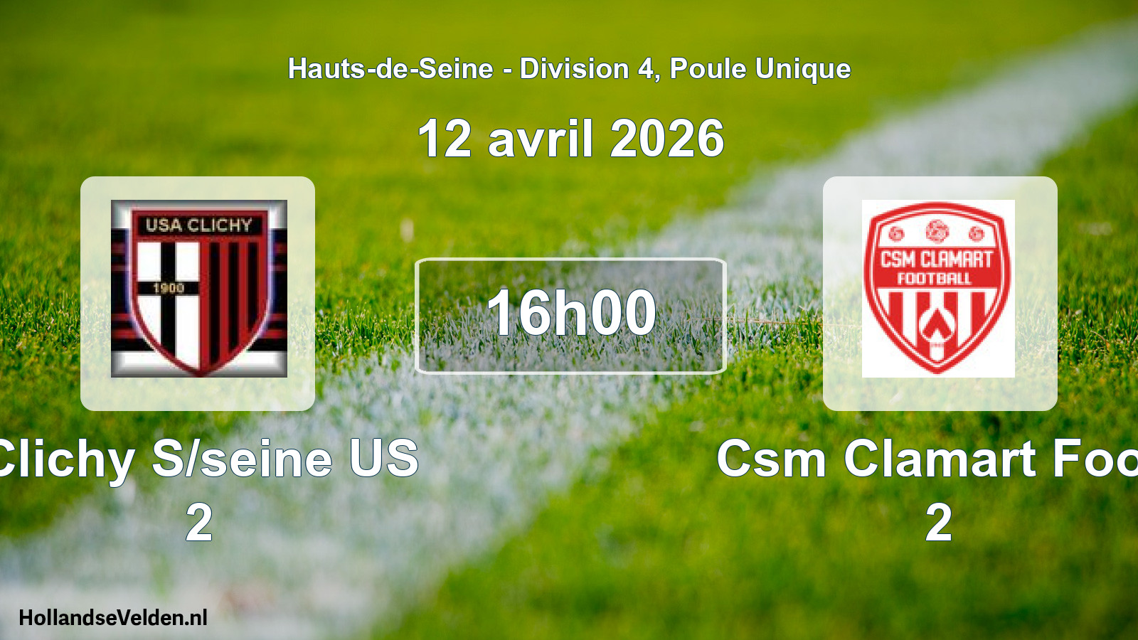 Match programmé: Clichy S/seine US 2 - Csm Clamart Foot 2 (12 avril 2026)
