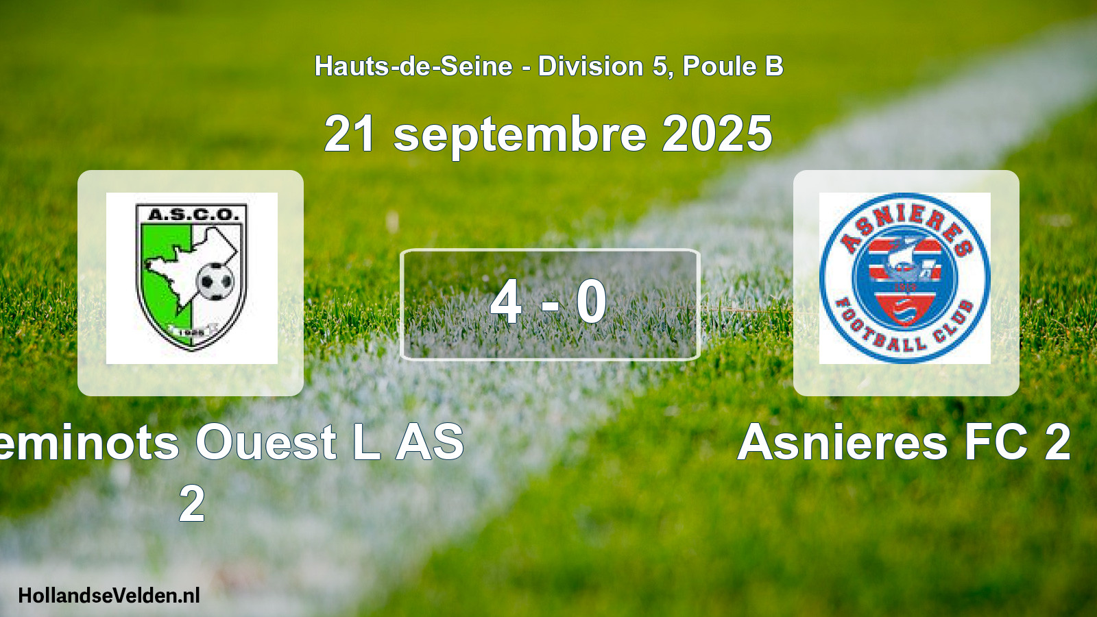 Match joué: Cheminots Ouest L AS 2 - Asnieres FC 2 4 - 0 (21 septembre 2025)