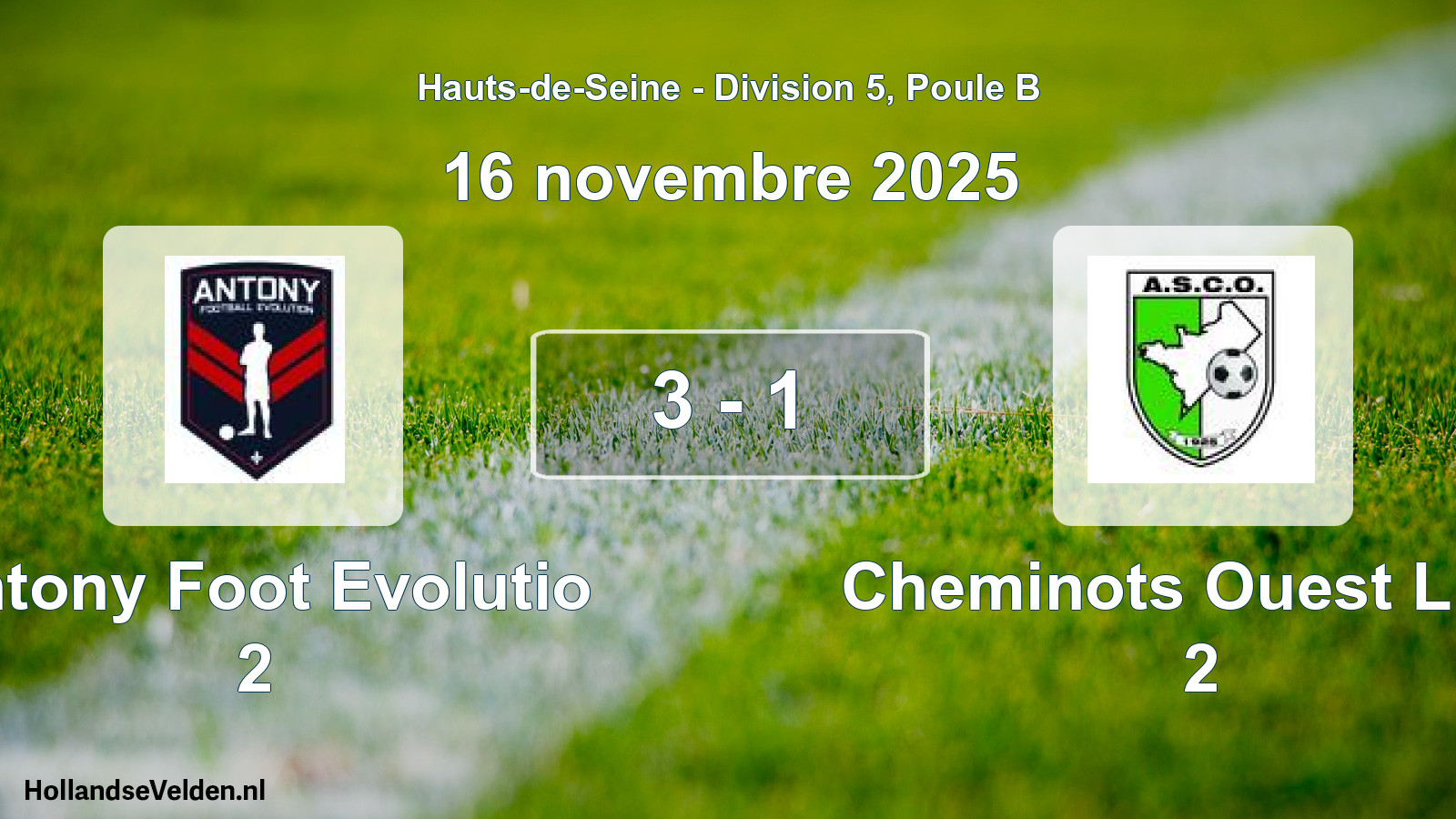 Match joué: Antony Foot Evolutio 2 - Cheminots Ouest L AS 2 3 - 1 (16 novembre 2025)