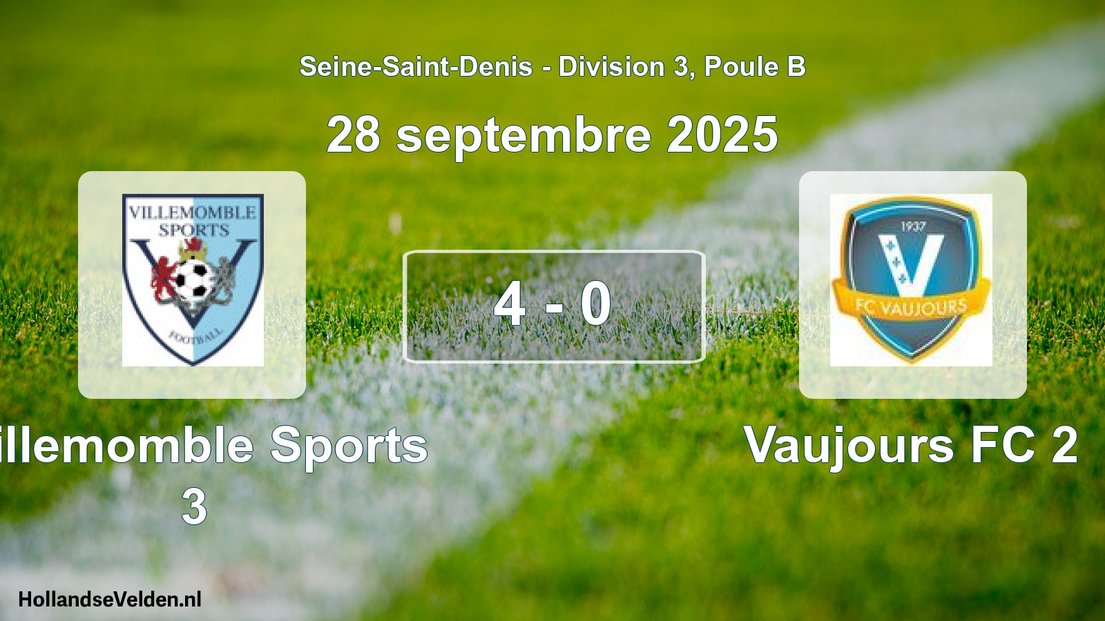 Match joué: Villemomble Sports 3 - Vaujours FC 2 4 - 0 (28 septembre 2025)