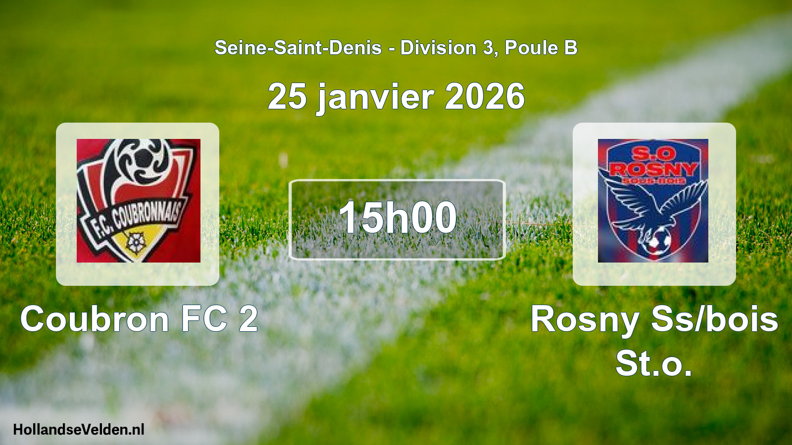 Match programmé: Coubron FC 2 - Rosny Ss/bois St.o. (25 janvier 2026)