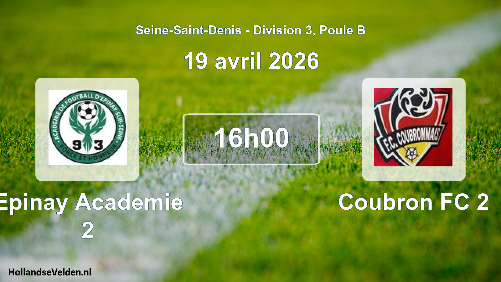 Match programmé: Epinay Academie 2 - Coubron FC 2 (19 avril 2026)