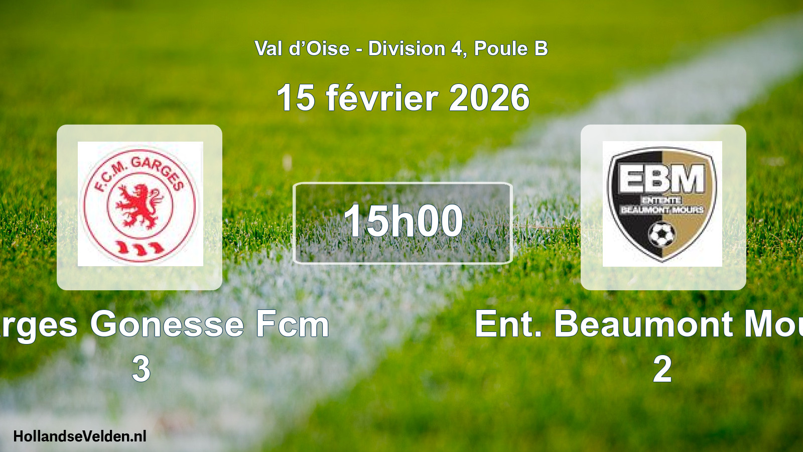 Match programmé: Garges Gonesse Fcm 3 - Ent. Beaumont Mours 2 (15 février 2026)