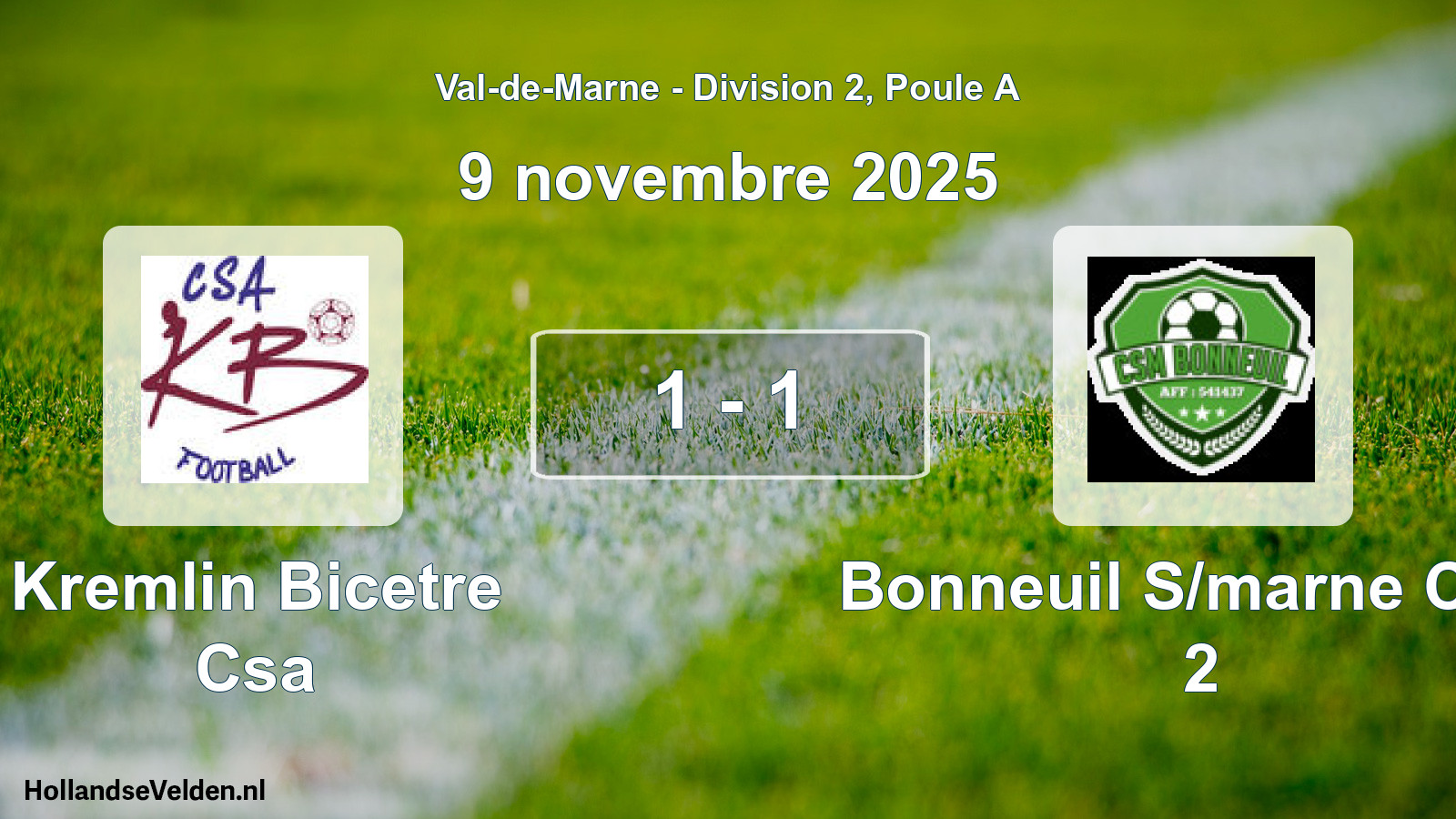 Match joué: Kremlin Bicetre Csa - Bonneuil S/marne Csm 2 1 - 1 (9 novembre 2025)