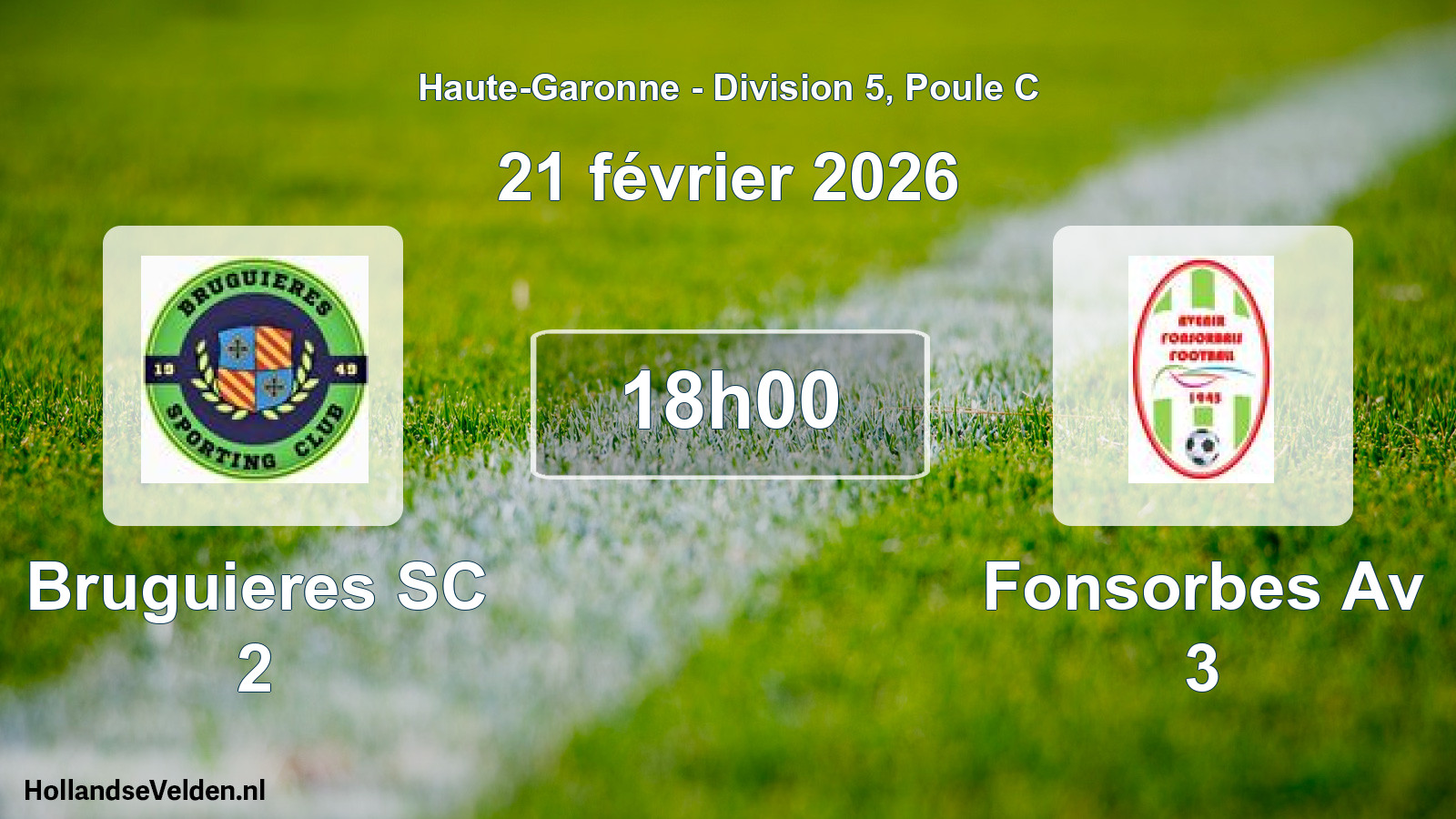 Match programmé: Bruguieres SC 2 - Fonsorbes Av 3 (21 février 2026)