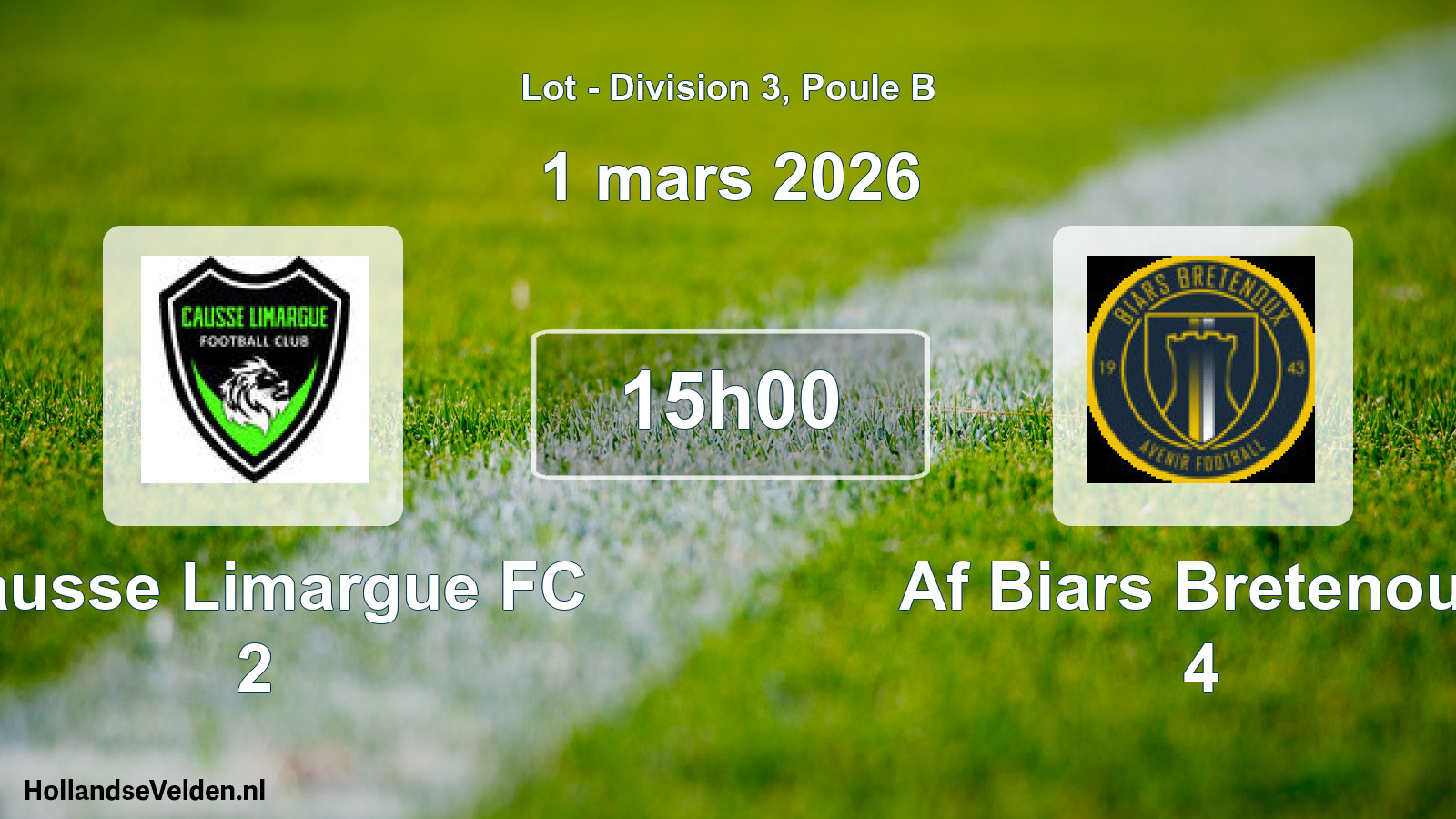Match programmé: Causse Limargue FC 2 - Af Biars Bretenoux 4 (1 mars 2026)
