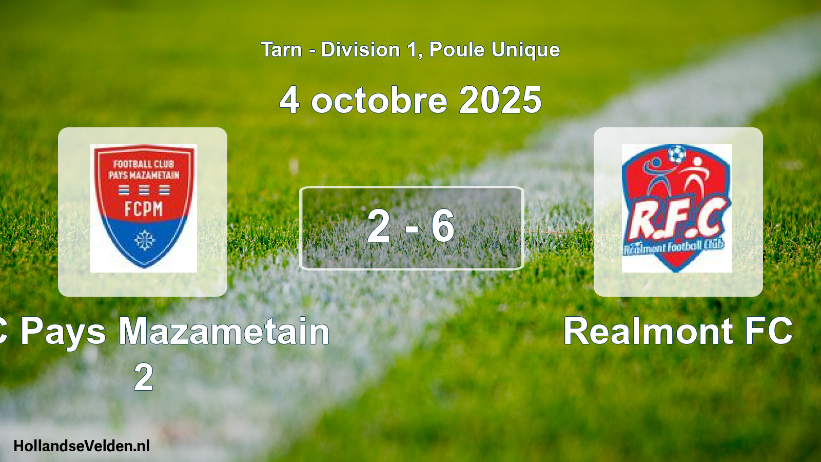 Total number of matches played: FC Pays Mazametain 2 - Realmont FC 2 - 6 (4 October 2025)