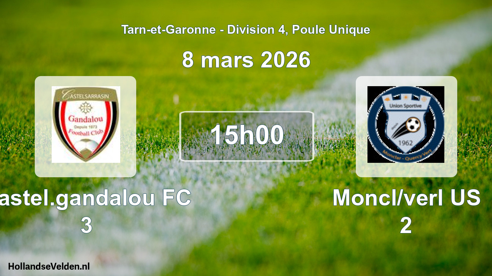 Match programmé: Castel.gandalou FC 3 - Moncl/verl US 2 (8 mars 2026)