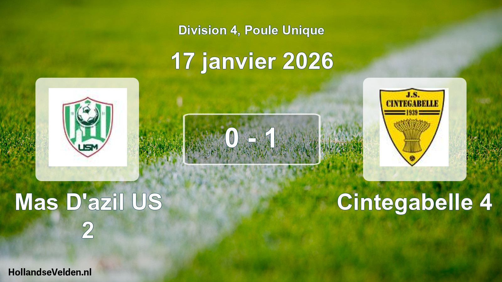 Match joué: Mas D'azil US 2 - Cintegabelle 4 0 - 1 (17 janvier 2026)