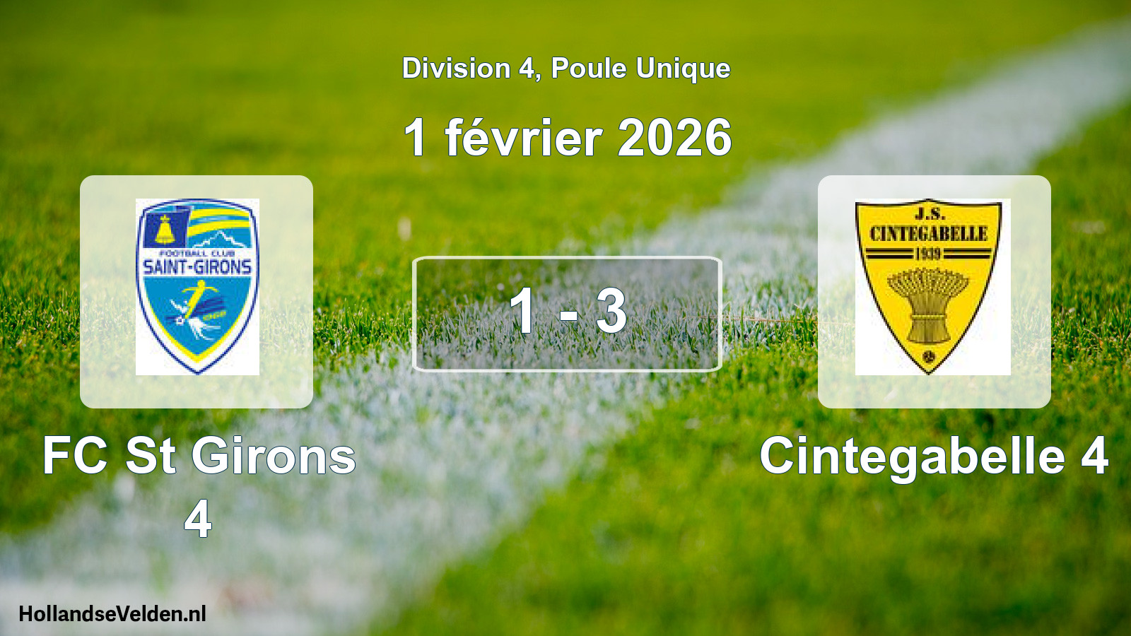 Match joué: FC St Girons 4 - Cintegabelle 4 1 - 3 (1 février 2026)