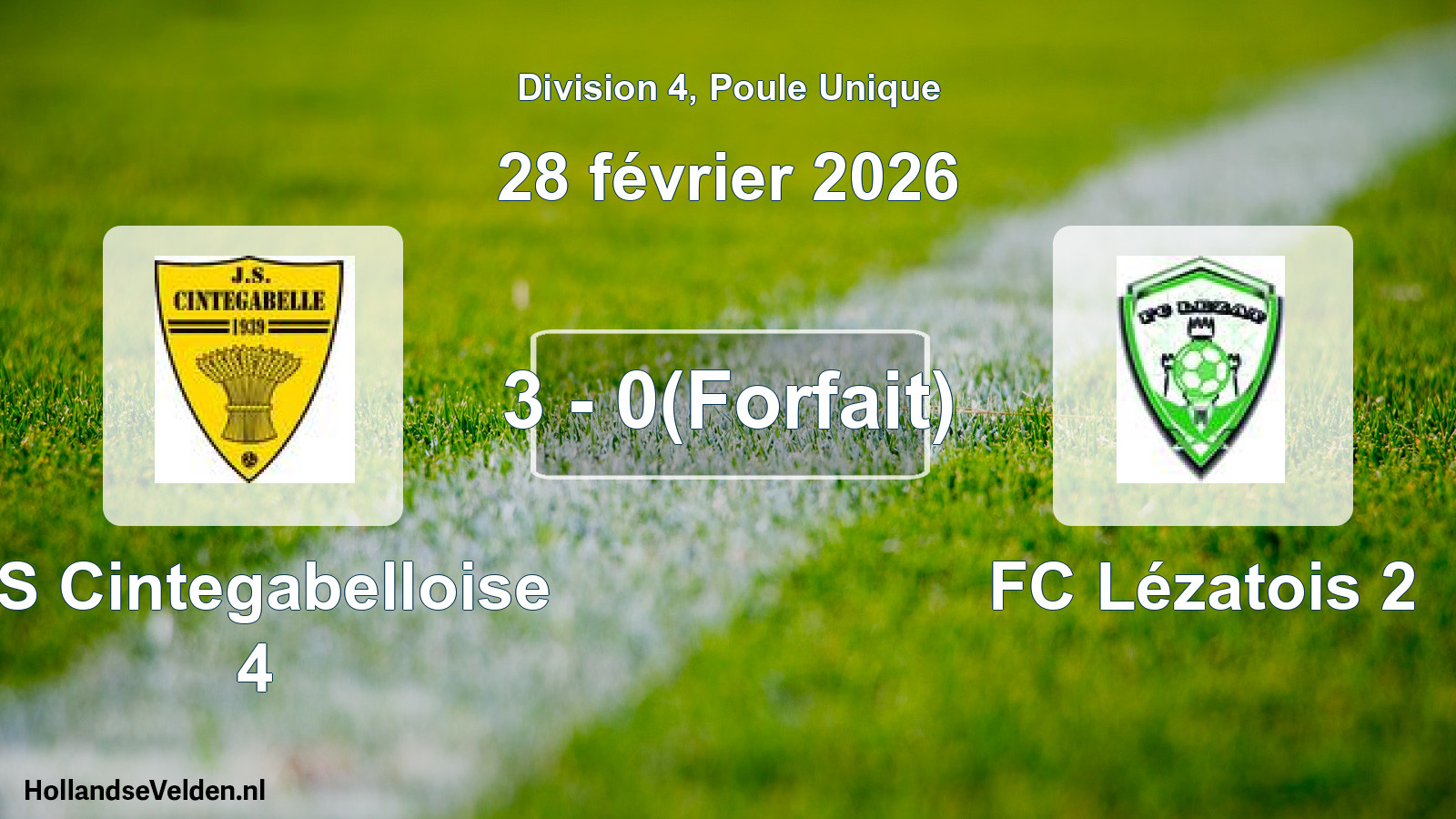 Match joué: JS Cintegabelloise 4 - FC Lézatois 2 3 - 0(Forfait) (28 février 2026)