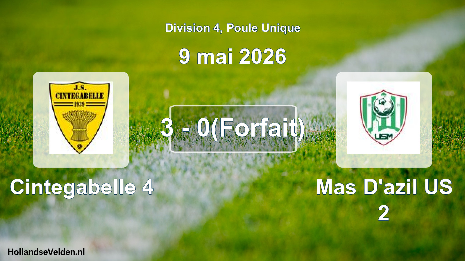 Match joué: Cintegabelle 4 - Mas D'azil US 2 3 - 0(Forfait) (9 mai 2026)