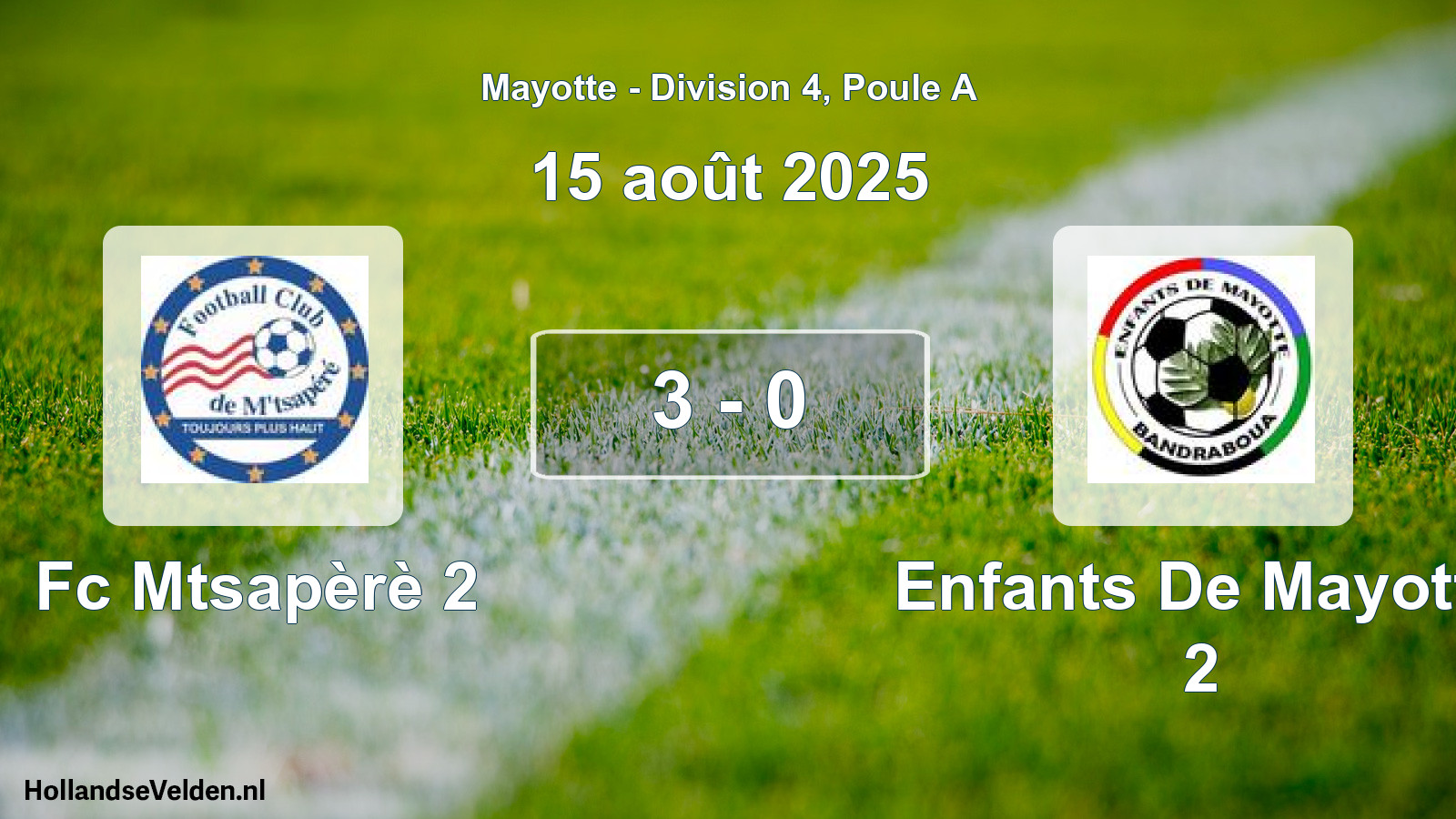 Match joué: Fc Mtsapèrè 2 - Enfants De Mayotte 2 3 - 0 (15 août 2025)
