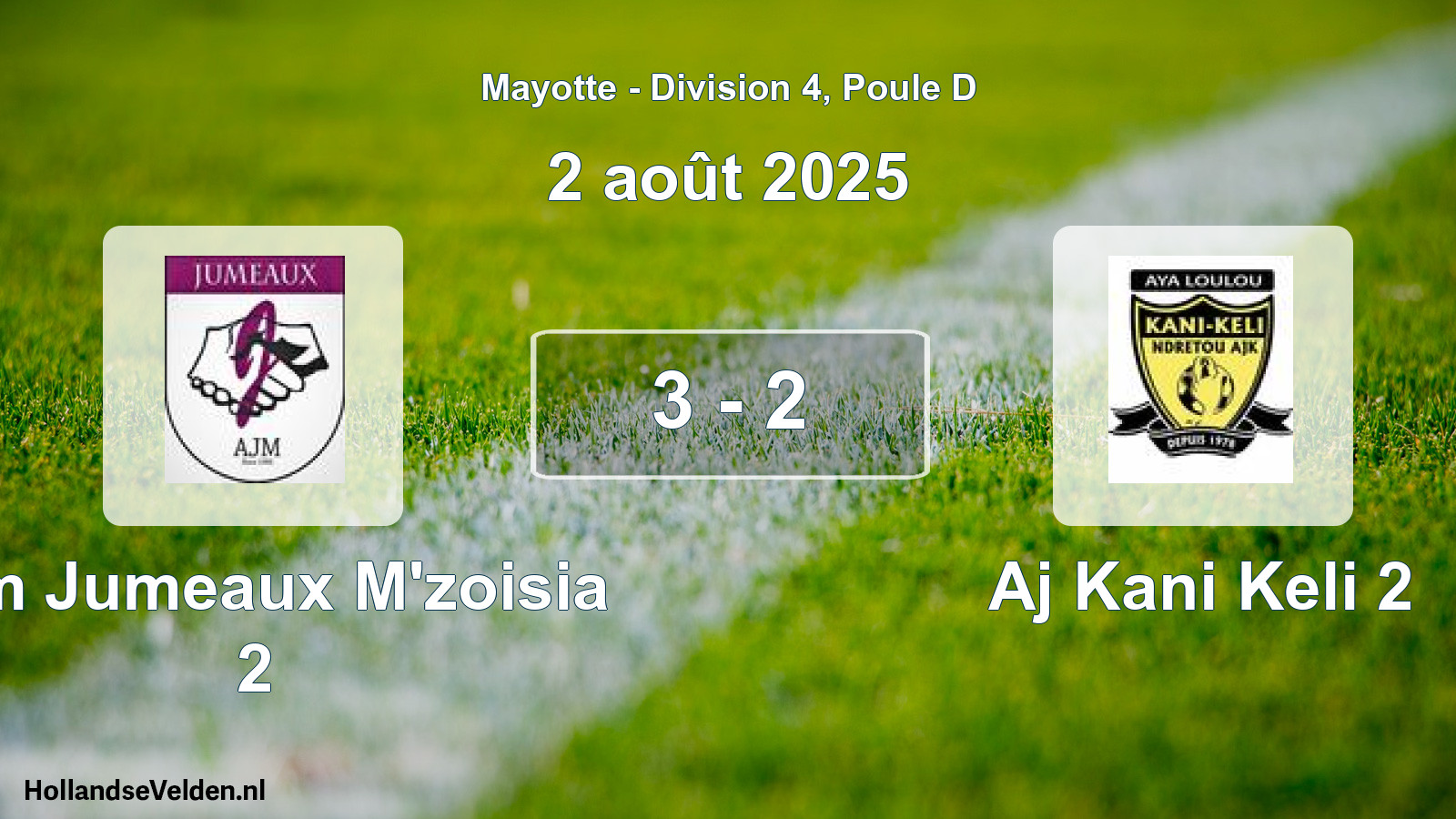 Match joué: Ajm Jumeaux M'zoisia 2 - Aj Kani Keli 2 3 - 2 (2 août 2025)